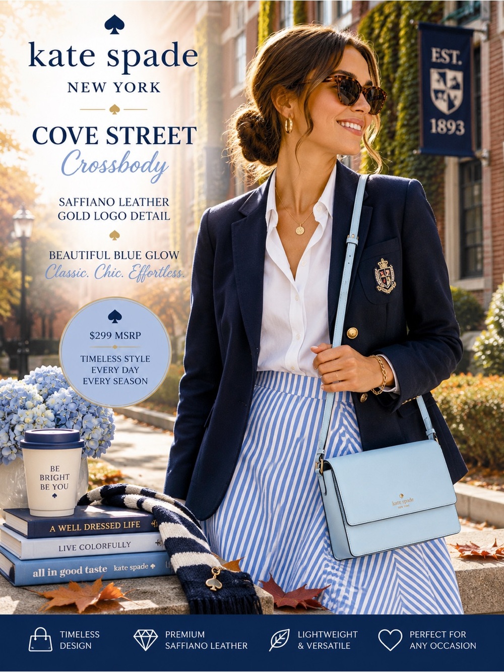 Kate Spade Cove Street Designer Crossbody NEW Bag In Blue Glow $299 MSRP